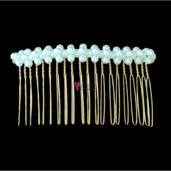 Pieptene din metal BT030DD Auriu pentru decor par sau Voal de Mireasa - 20 pini cu perle